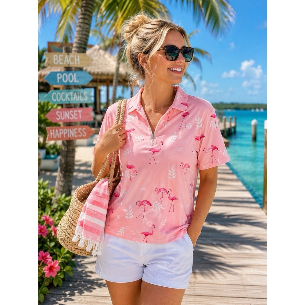 Soneven Women's 2XL Pink Flamingo Golf Polo Shirt Quarter Zip NWT Tropical